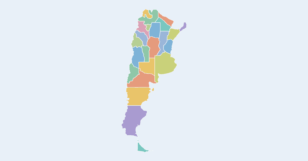 Map of Argentina showing all 24 states, provinces and regions