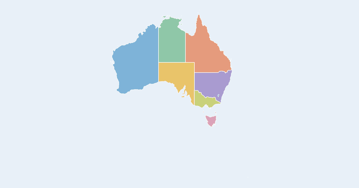 Map of Australia showing all 11 states, provinces and regions