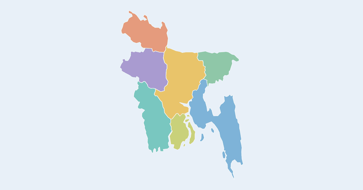 Map of Bangladesh showing all 7 states, provinces and regions
