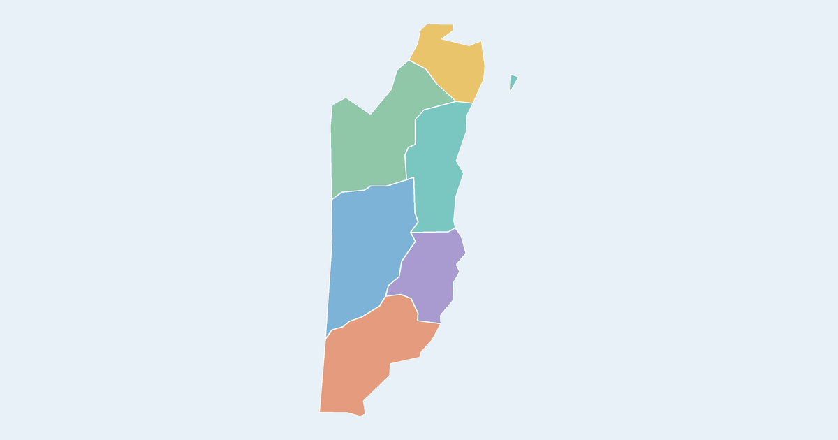 Map of Belize showing all 6 states, provinces and regions