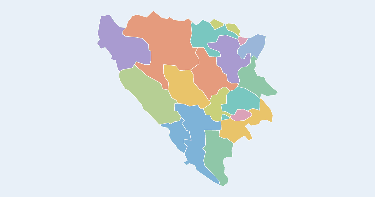 Map of Bosnia and Herzegovina showing all 18 states, provinces and regions