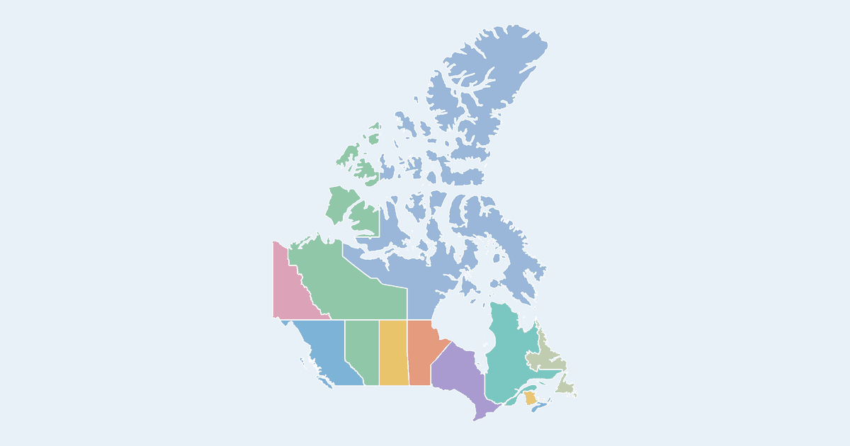 Map of Canada showing all 13 states, provinces and regions