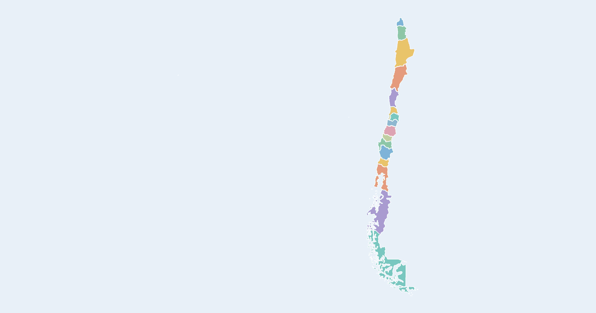 Map of Chile showing all 16 states, provinces and regions