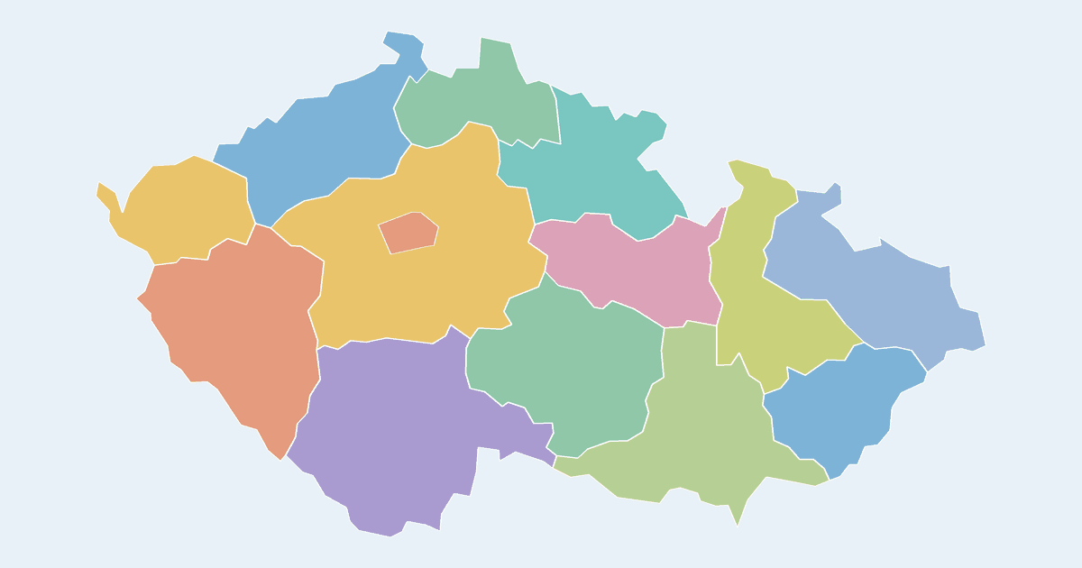 Map of Czech Republic showing all 14 states, provinces and regions