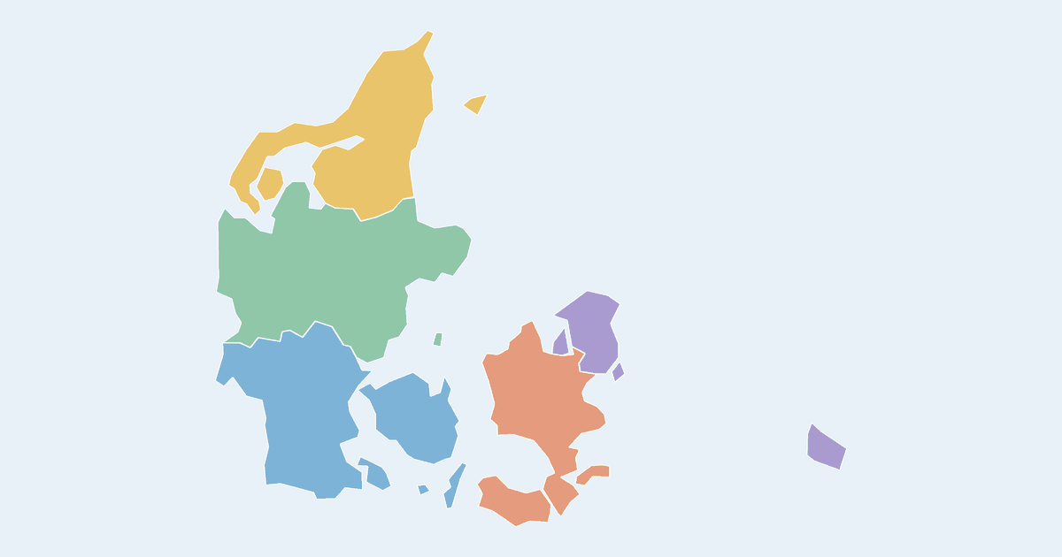 Map of Denmark showing all 5 states, provinces and regions