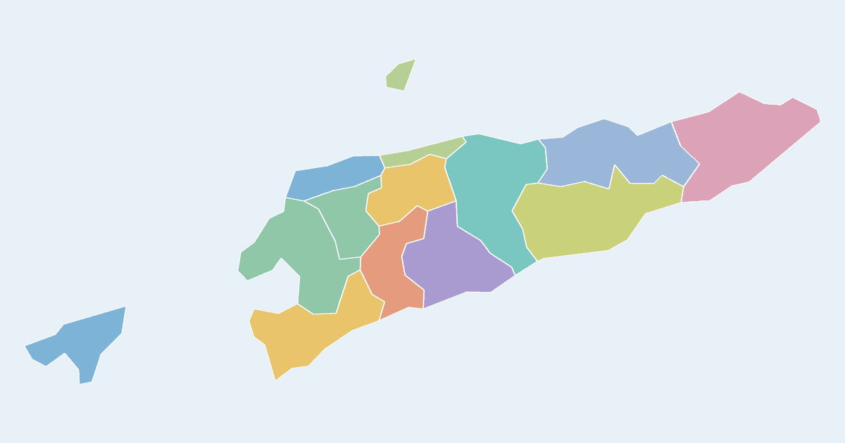 Map of East Timor showing all 13 municipalities
