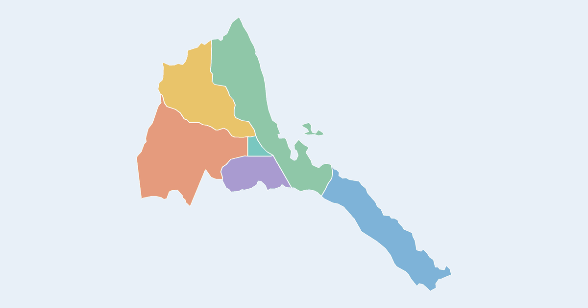 Map of Eritrea showing all 6 states, provinces and regions