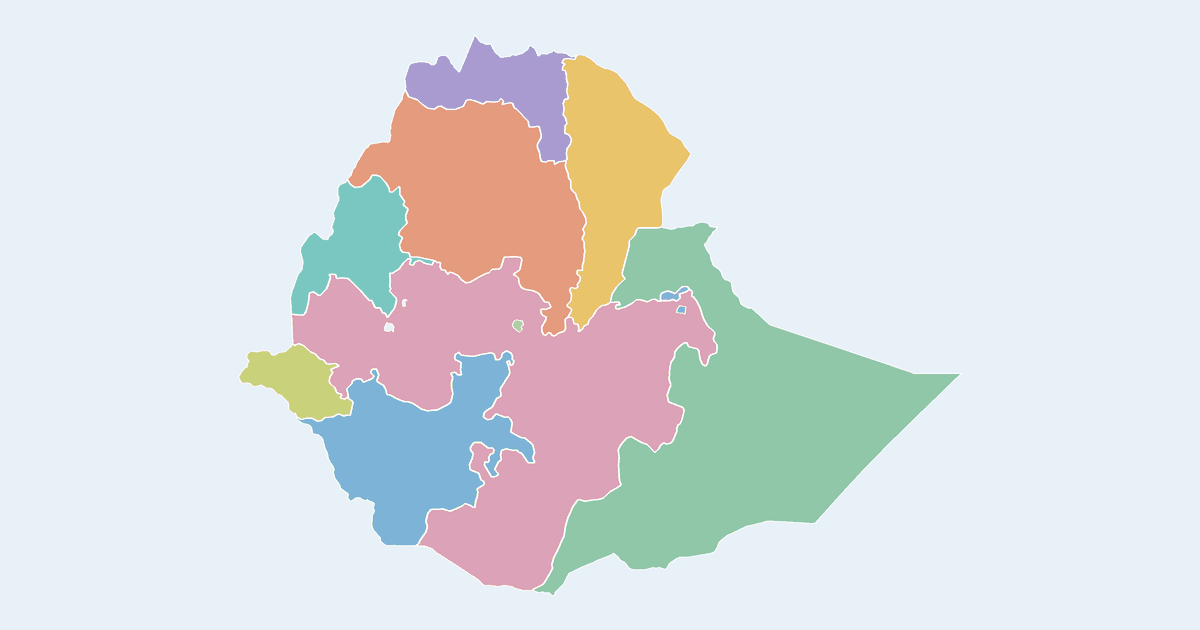 Map of Ethiopia showing all 11 states, provinces and regions