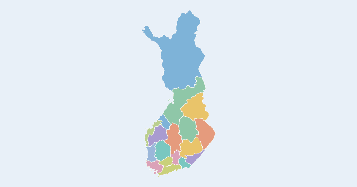 Map of Finland showing all 18 states, provinces and regions
