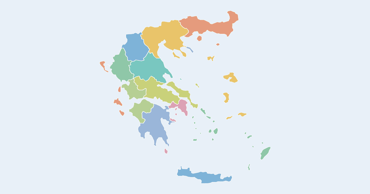 Map of Greece showing all 14 states, provinces and regions
