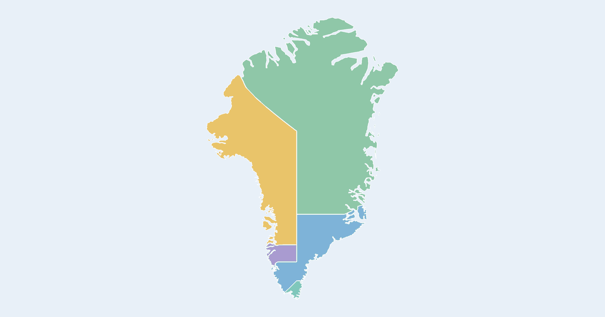 Map of Greenland showing all 6 states, provinces and regions