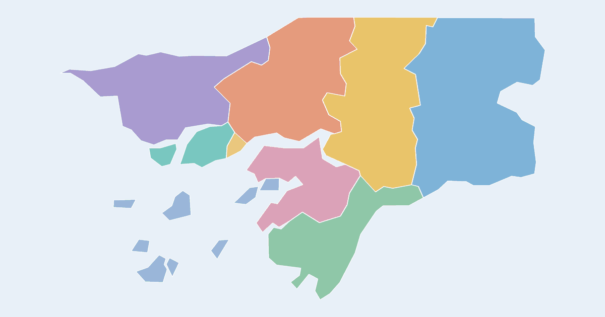 Map of Guinea Bissau showing all 9 states, provinces and regions
