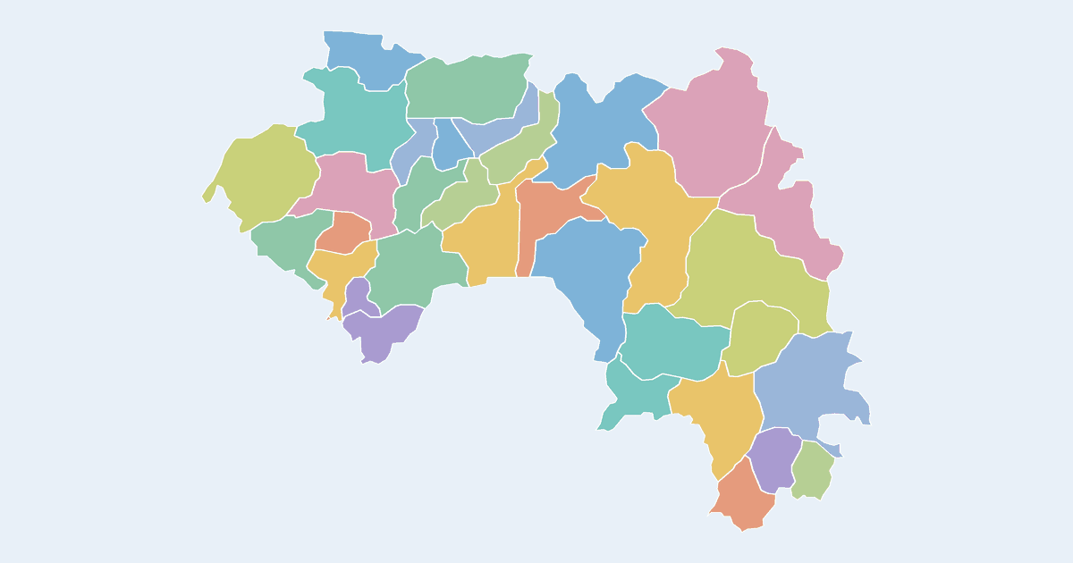 Map of Guinea showing all 34 prefectures