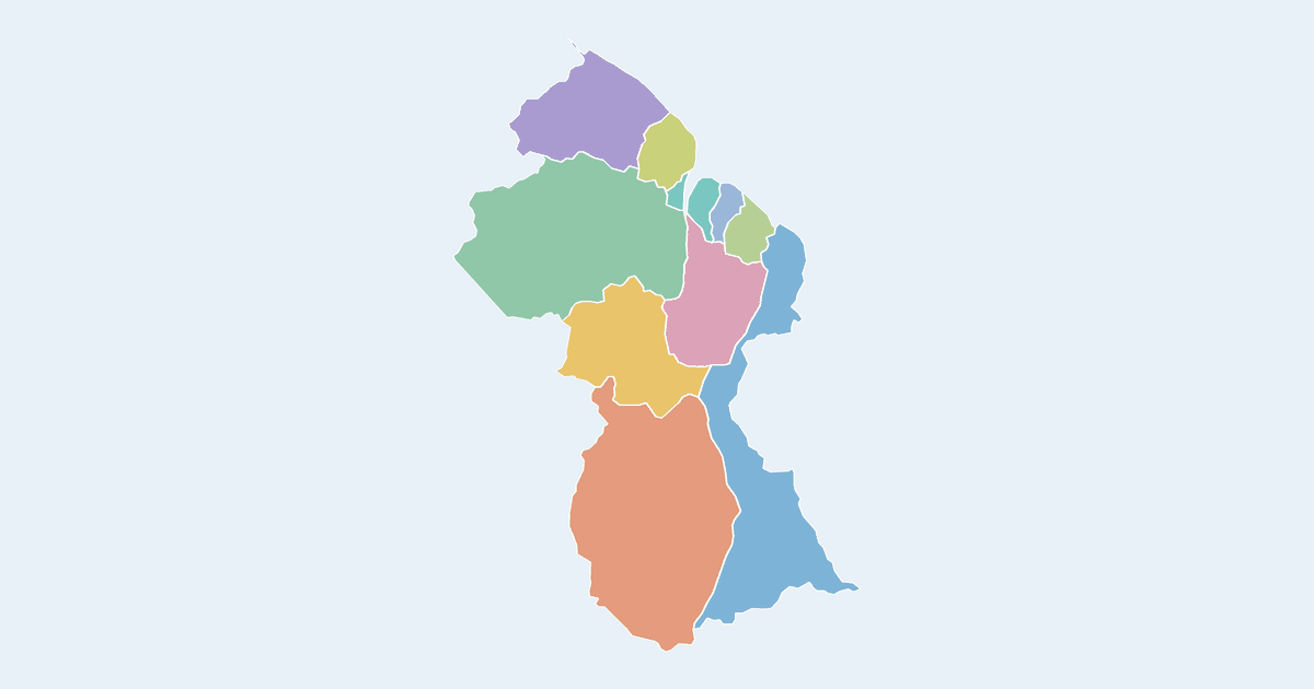 Map of Guyana showing all 10 states, provinces and regions