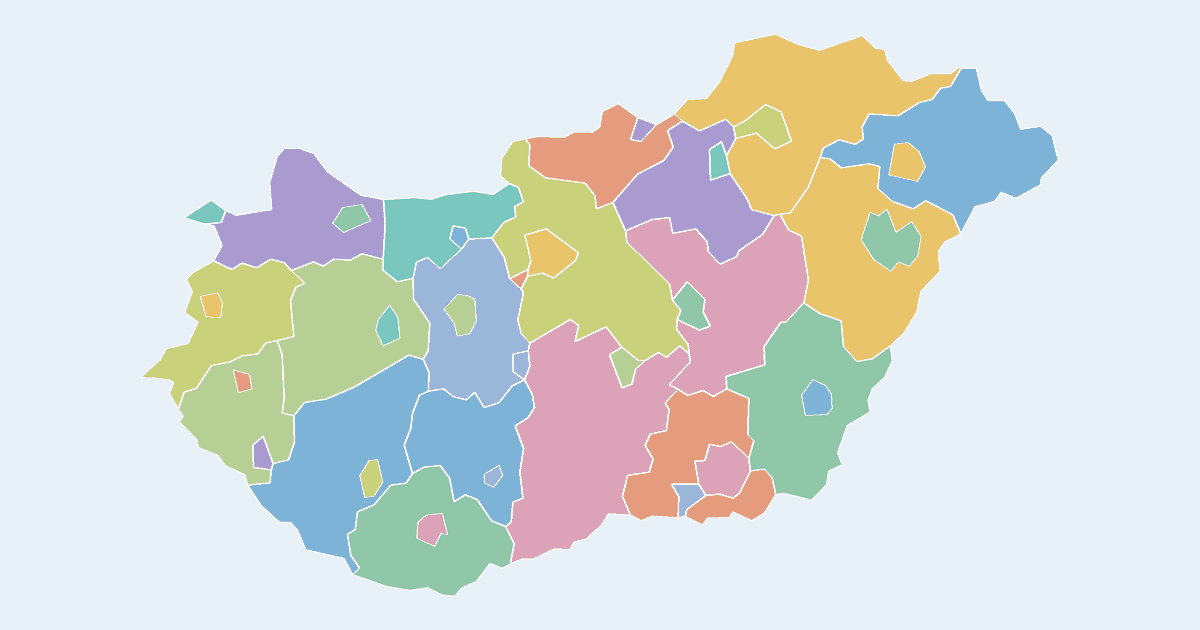 Map of Hungary showing all 43 states, provinces and regions
