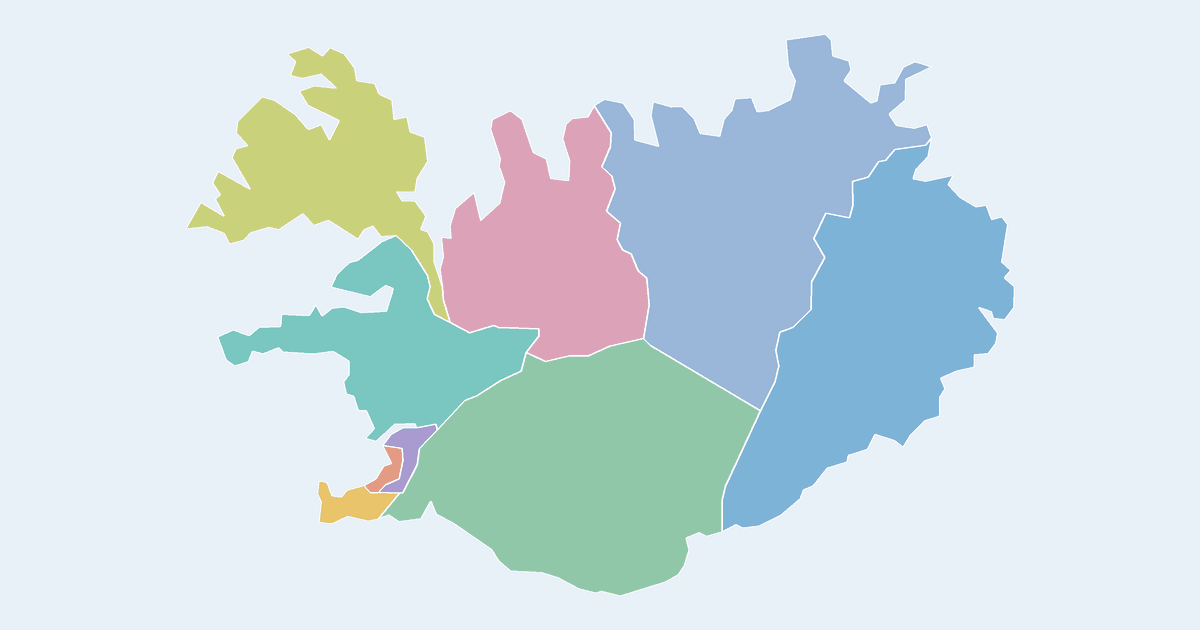 Map of Iceland showing all 9 states, provinces and regions