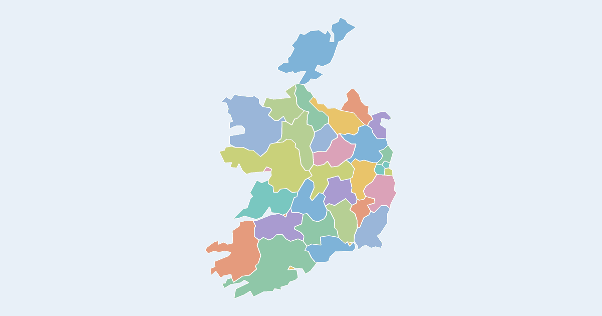 Map of Ireland showing all 34 counties and cities