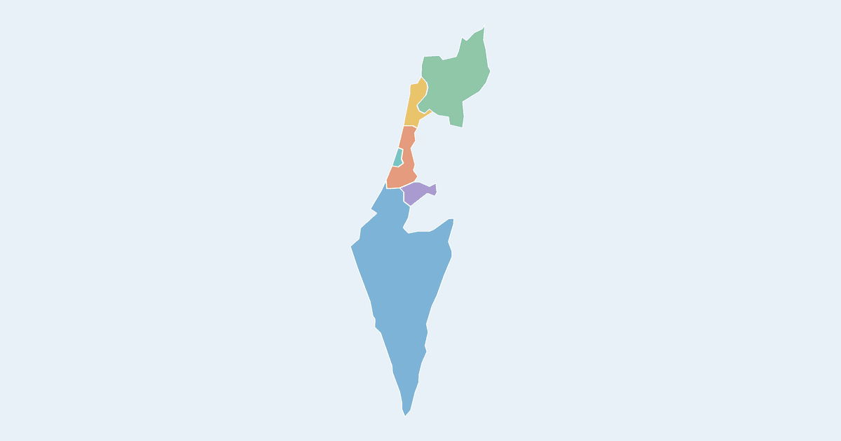 Map of Israel showing all 6 states, provinces and regions