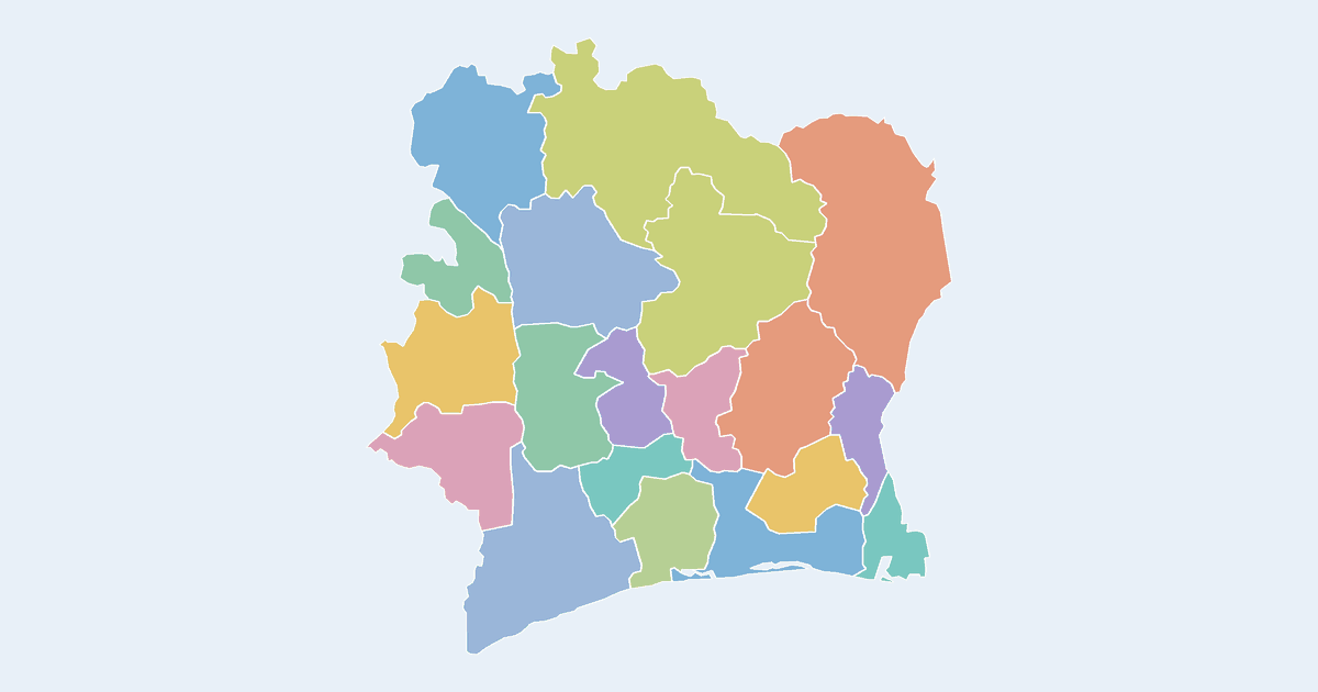 Map of Ivory Coast showing all 19 districts