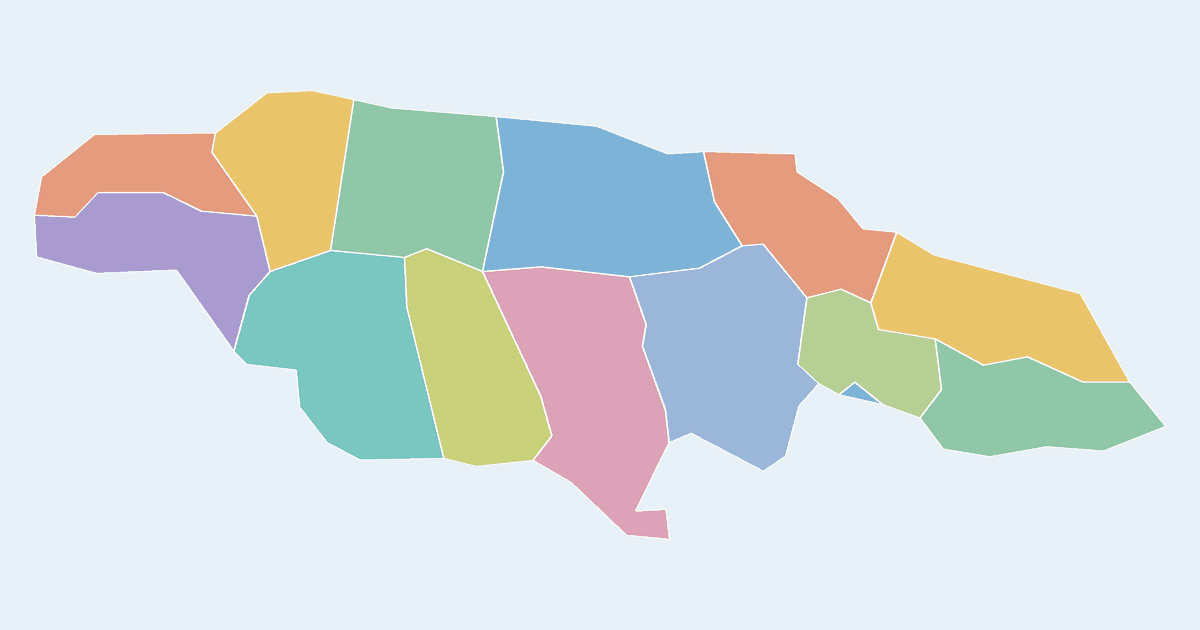 Map of Jamaica showing all 14 states, provinces and regions