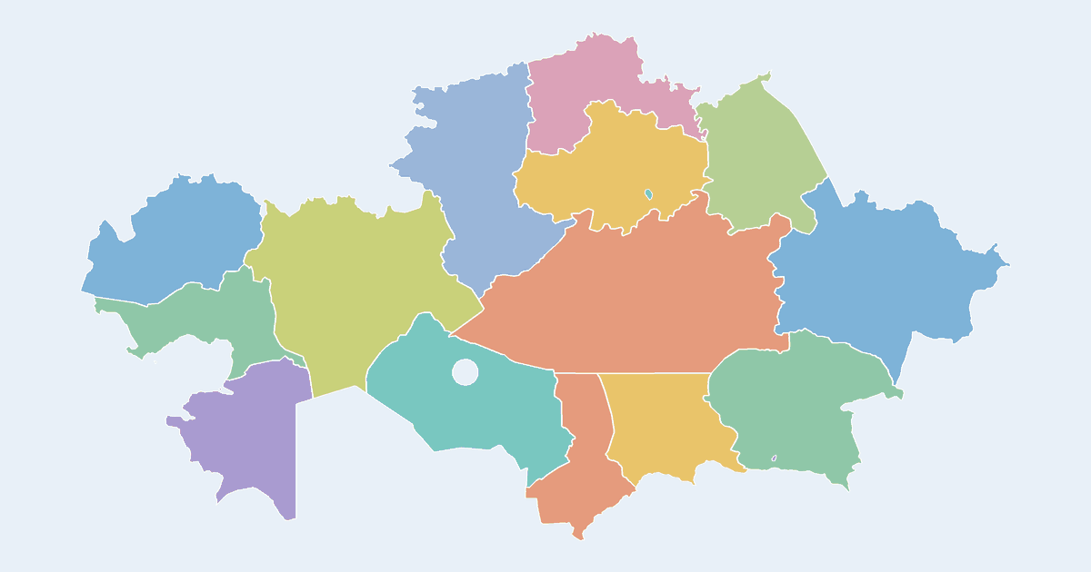 Map of Kazakhstan showing all 16 states, provinces and regions