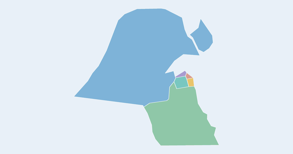 Map of Kuwait showing all 6 states, provinces and regions