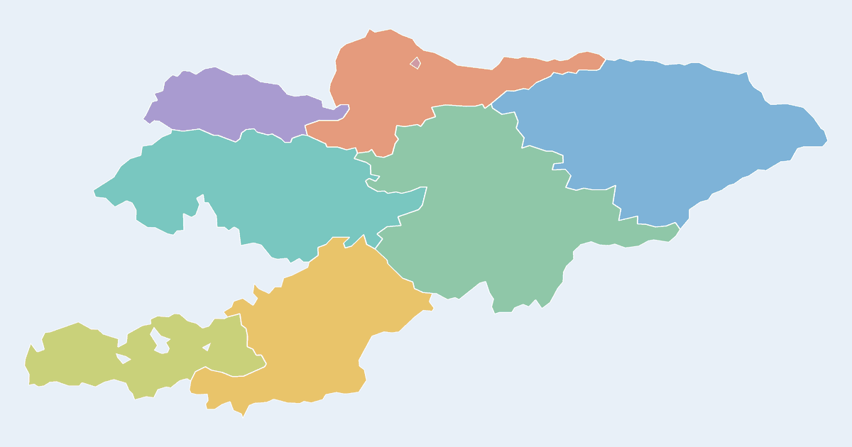 Map of Kyrgyzstan showing all 8 states, provinces and regions