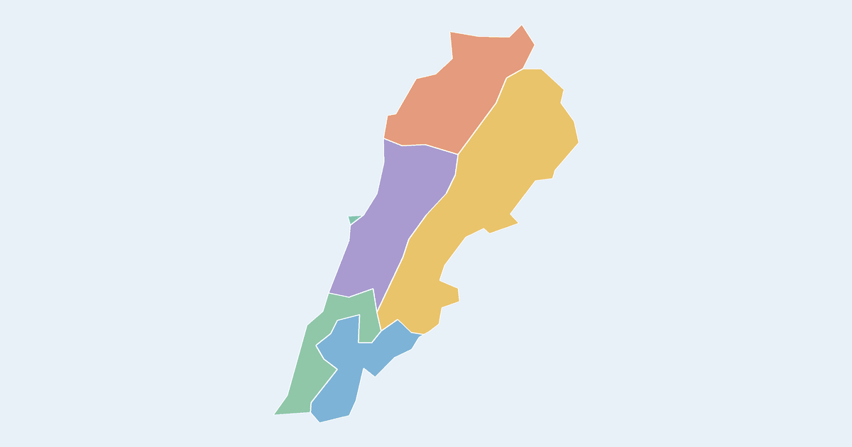 Map of Lebanon showing all 6 states, provinces and regions