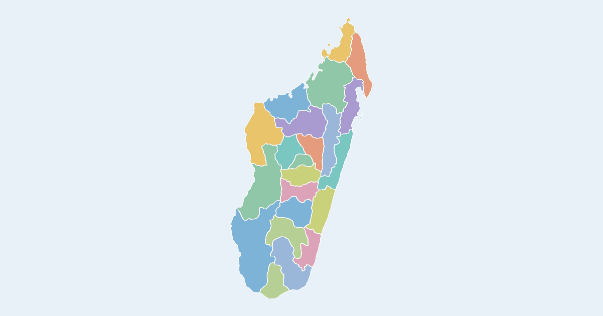 Map of Madagascar showing all 22 states, provinces and regions