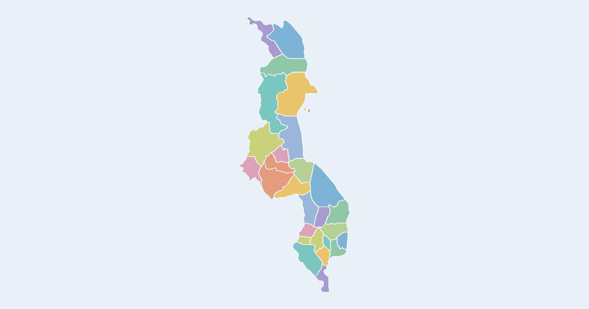 Map of Malawi showing all 28 districts