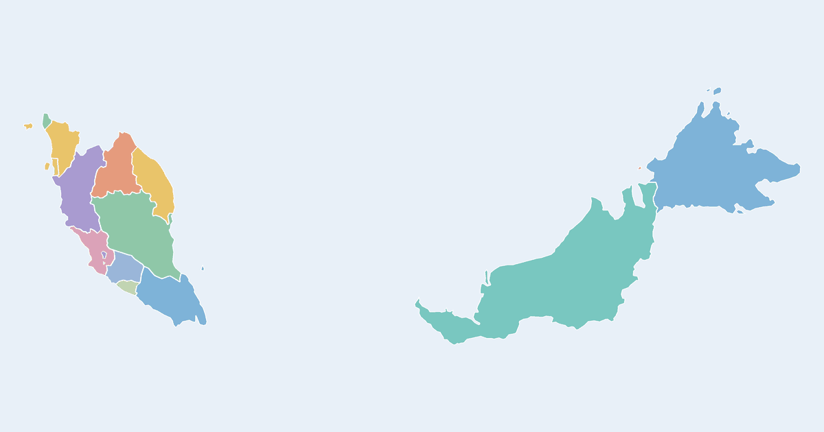 Map of Malaysia showing all 16 states and federal territories