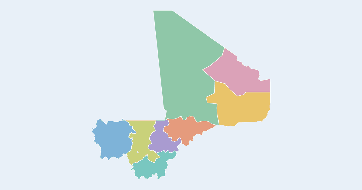 Map of Mali showing all 9 states, provinces and regions