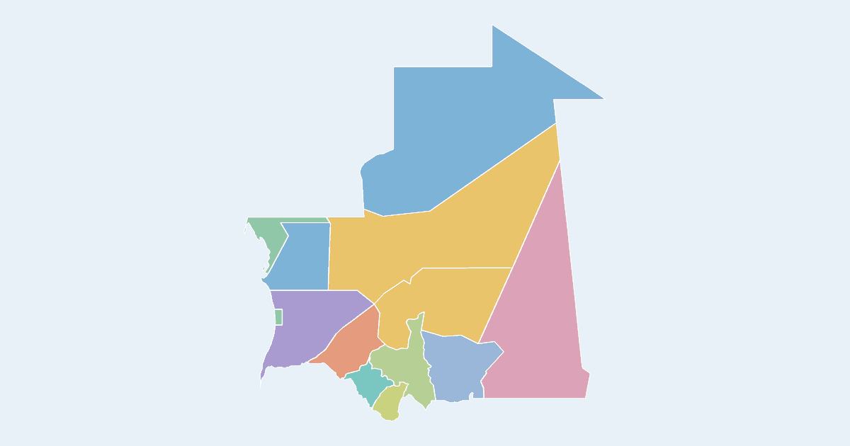 Map of Mauritania showing all 13 states, provinces and regions