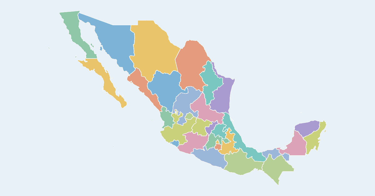 Map of Mexico showing all 33 states, provinces and regions