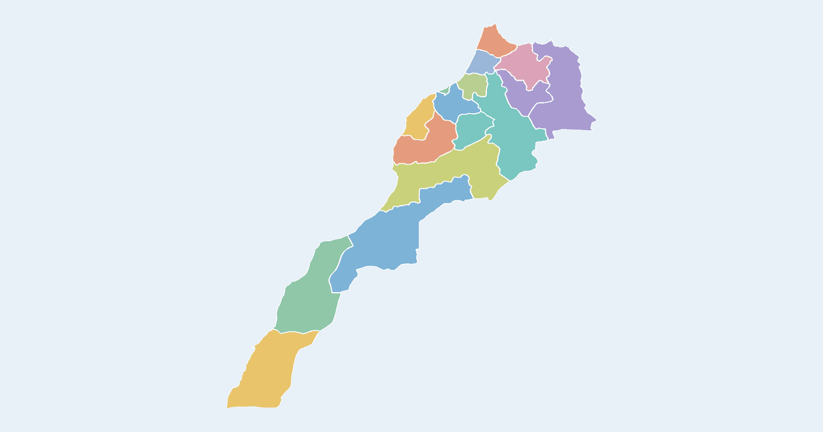 Map of Morocco showing all 16 states, provinces and regions