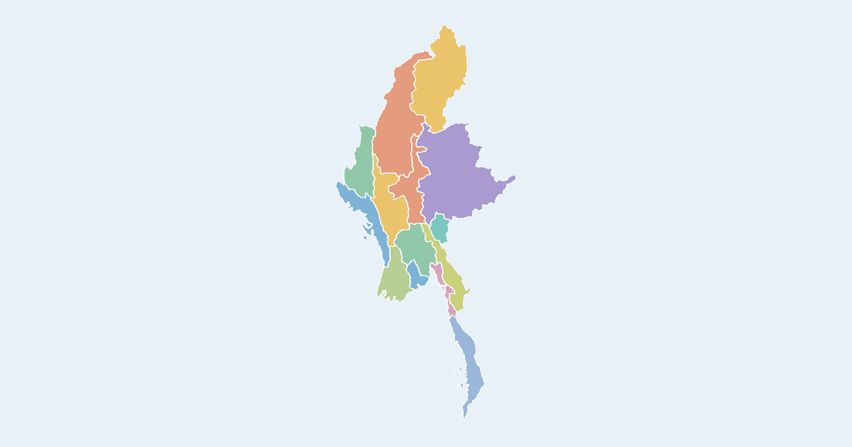 Map of Myanmar showing all 14 states and regions