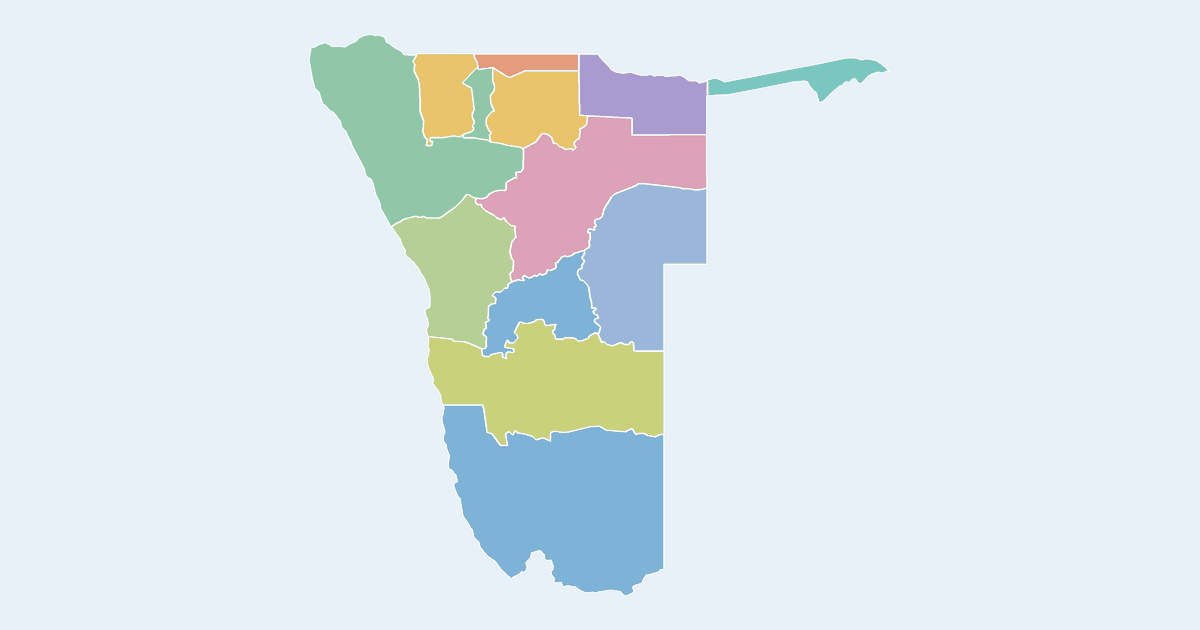 Map of Namibia showing all 13 states, provinces and regions