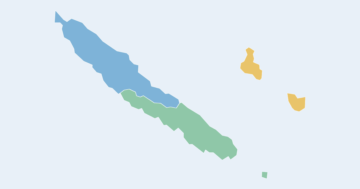 Map of New Caledonia showing all 3 states, provinces and regions