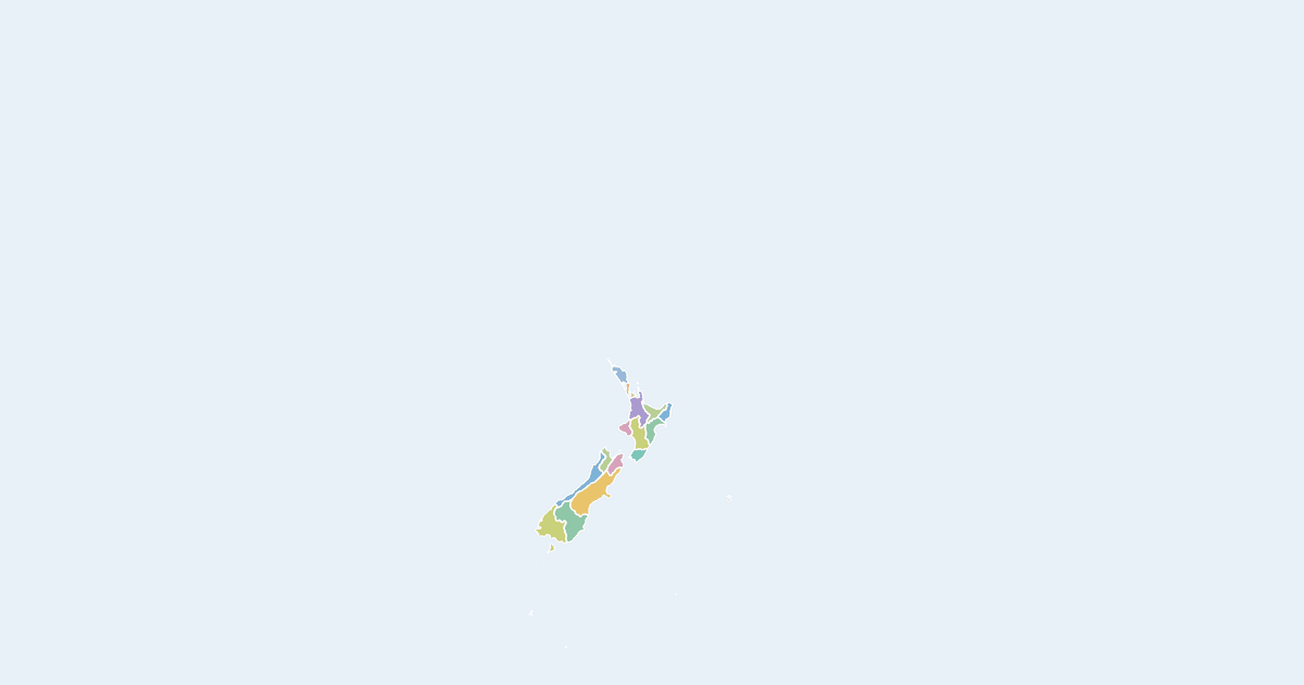 Map of New Zealand showing all 24 states, provinces and regions