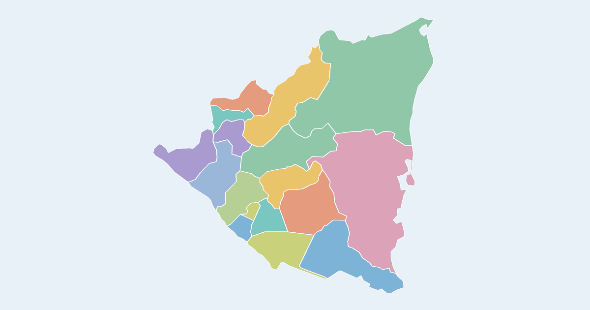 Map of Nicaragua showing all 17 departments
