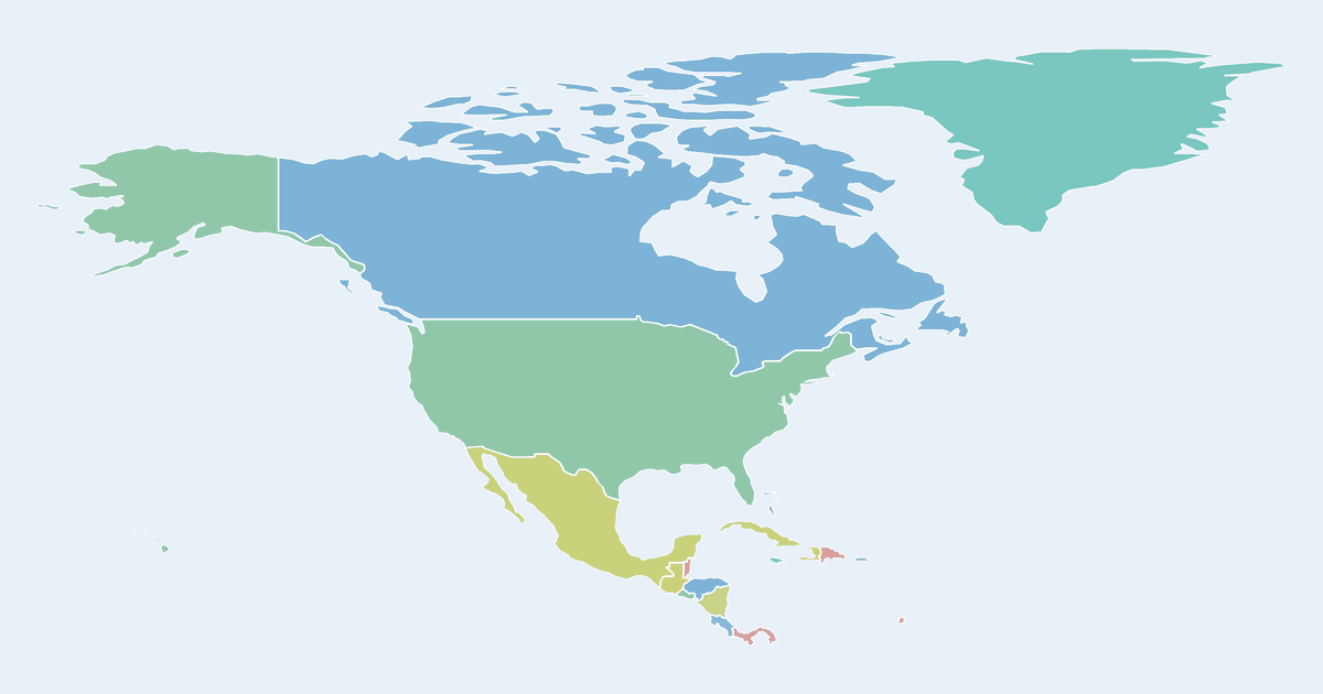 Map of North America showing its countries