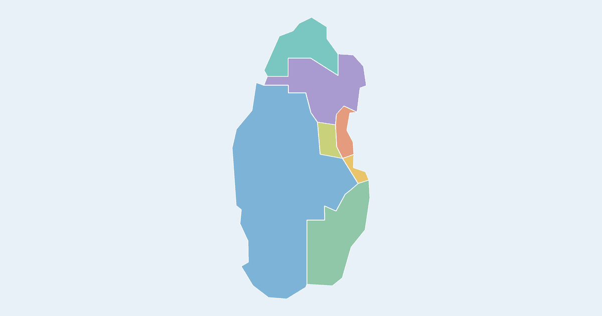 Map of Qatar showing all 7 states, provinces and regions