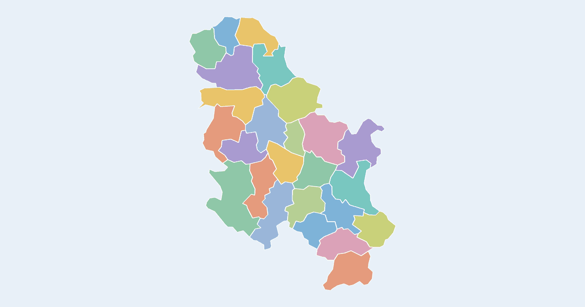 Map of Republic of Serbia showing all 25 districts
