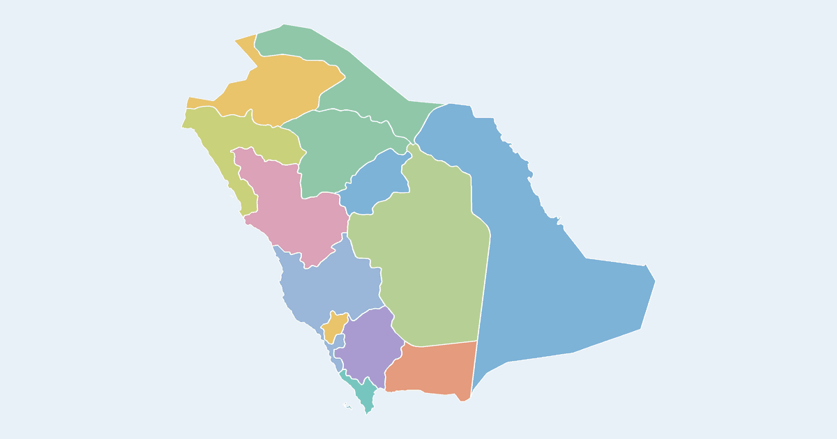 Map of Saudi Arabia showing all 13 states, provinces and regions