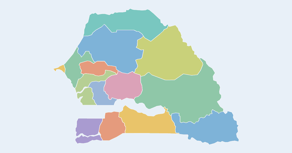 Map of Senegal showing all 14 states, provinces and regions