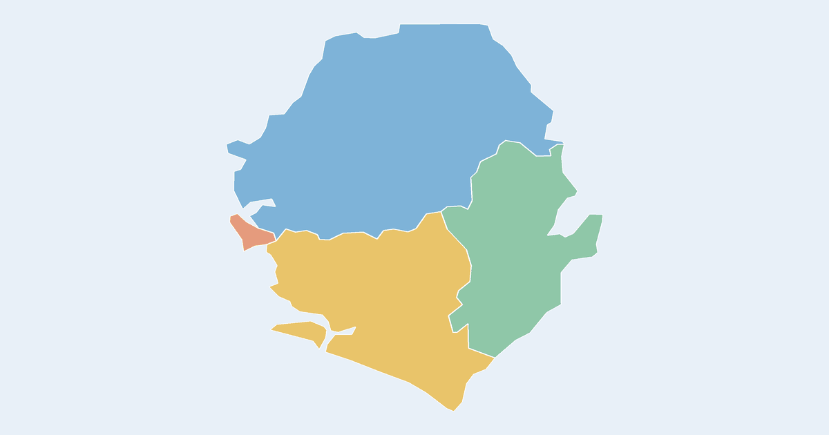 Map of Sierra Leone showing all 4 states, provinces and regions