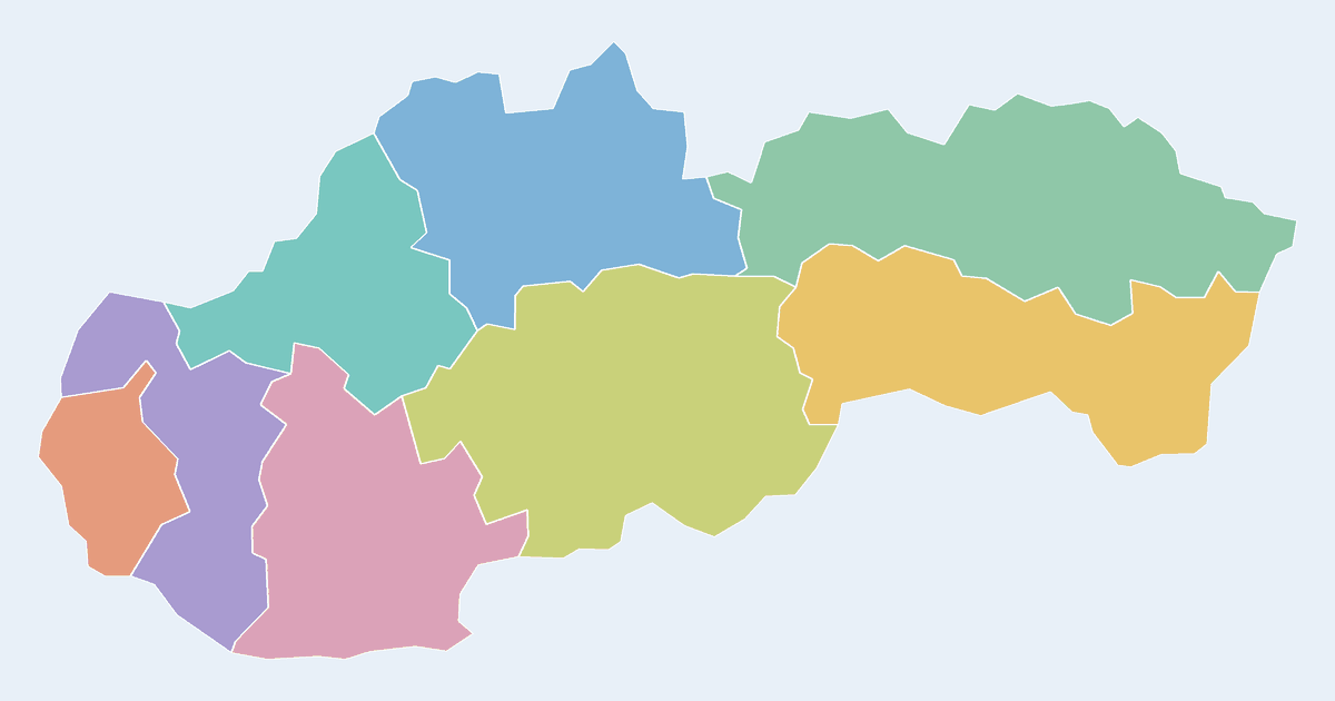 Map of Slovakia showing all 8 states, provinces and regions