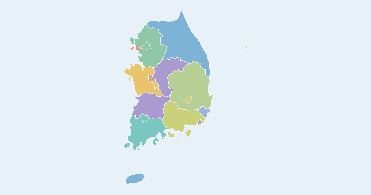 Map of South Korea showing all 17 provinces and metropolitan cities