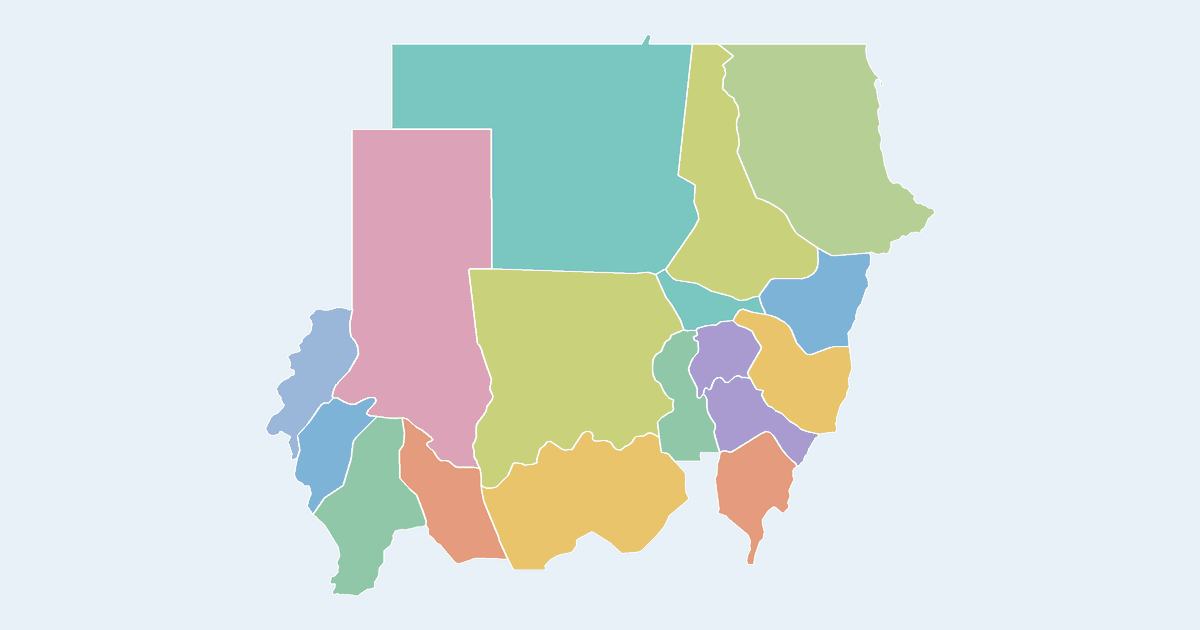 Map of Sudan showing all 17 states