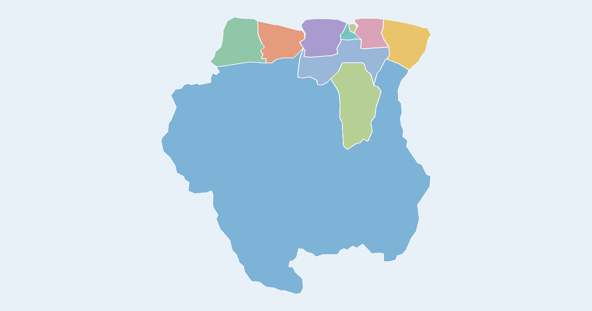 Map of Suriname showing all 10 districts